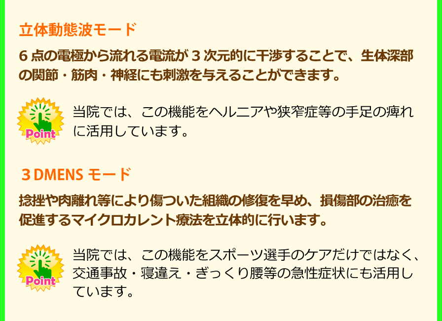 立体動態波モード:6点の電極から流れる電流が3次元的に干渉することで、生体深部の関節・筋肉・神経にも刺激を与えることができます。Point:当院では、この機能をヘルニアや狭窄症等の手足の痺れに活用しています。3DMENSモード:捻挫や肉離れ等により傷ついた組織の修復を早め、損傷部の治癒を促進するマイクロカレント療法を立体的に行います。Point:当院では、この機能をスポーツ選手のケアだけではなく、交通事故・寝違え・ぎっくり腰等の急性症状にも活用しています。